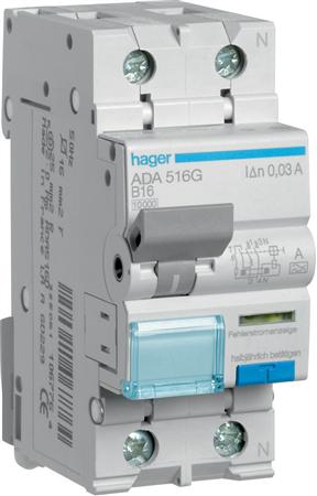 HAGER 1P+N 16A B-KAR. 30MA 10KA ADA516G