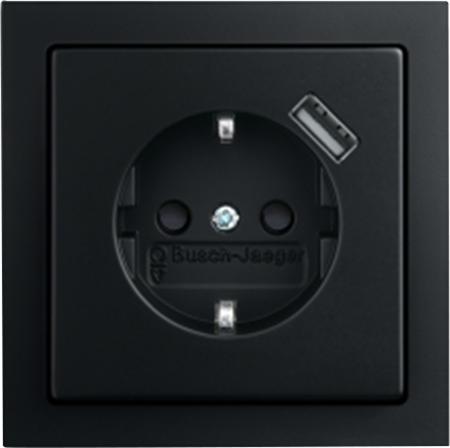 Busch-Jaeger mat zwart stopcontact met randaarde + USB voeding 20 EUCBUSB-885
