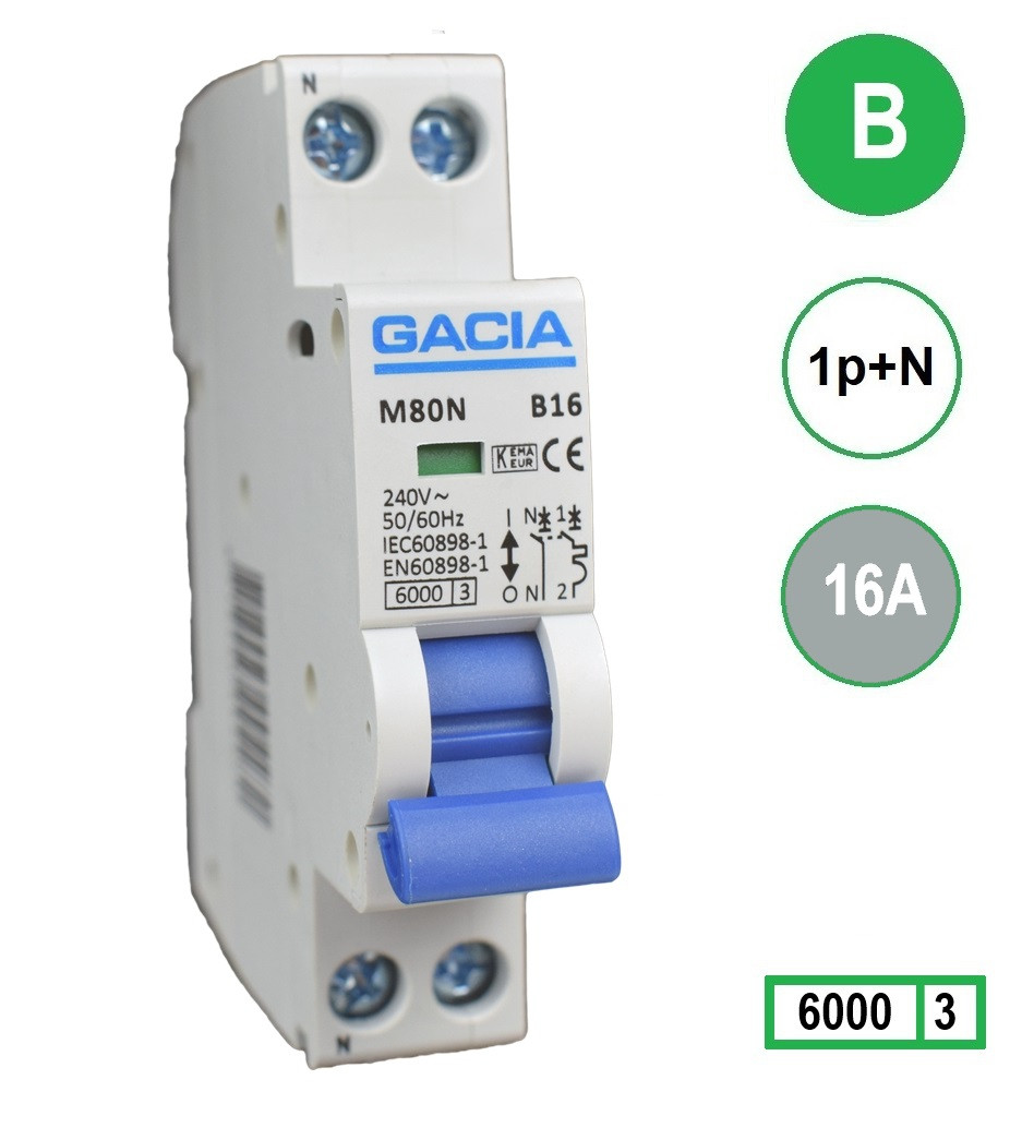Gacia installatieautomaat 1-polig + nul 16A B-karakteristiek M80N-B16