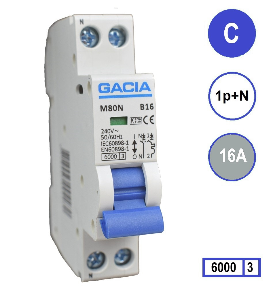 Gacia installatieautomaat 1-polig + nul 16A C-karakteristiek M80N-C16