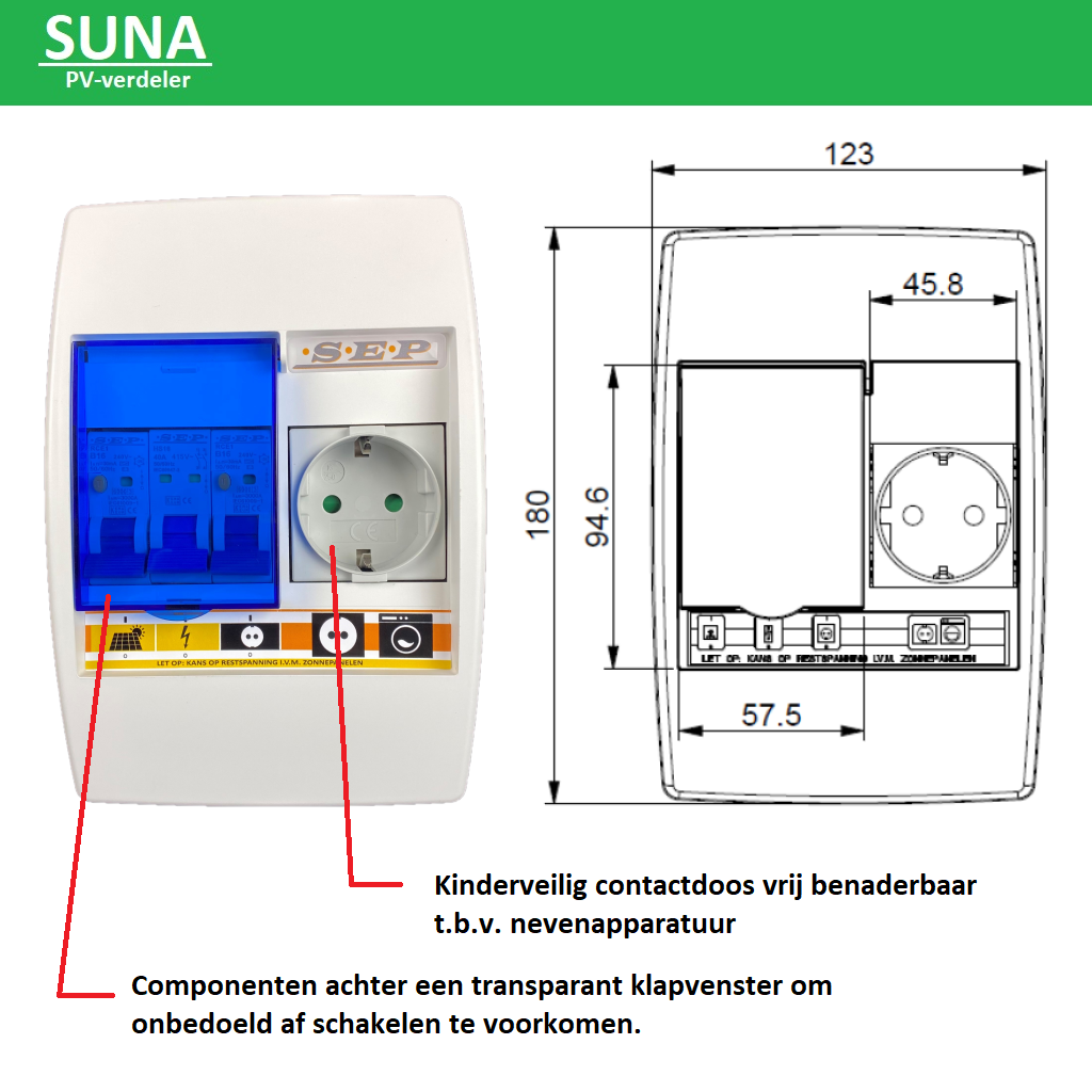 SEP PV verdeler SUNA 3000W - aardlekautomaat B16 30mA  1 x wandcontactdoos PV-03B16V1