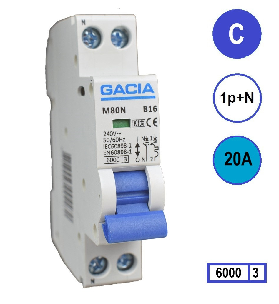 Gacia installatieautomaat 1-polig + nul 20A C-karakteristiek M80N-C20