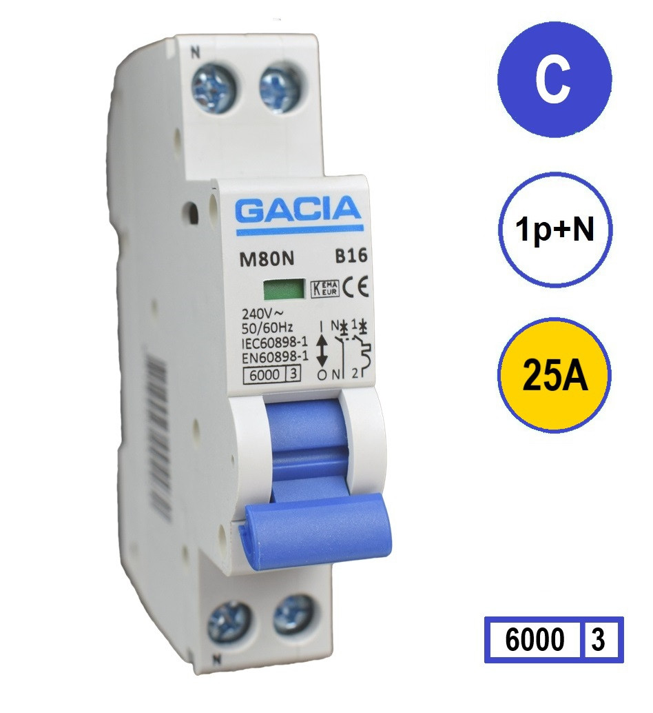 Gacia installatieautomaat 1-polig + nul 25A C-karakteristiek M80N-C25