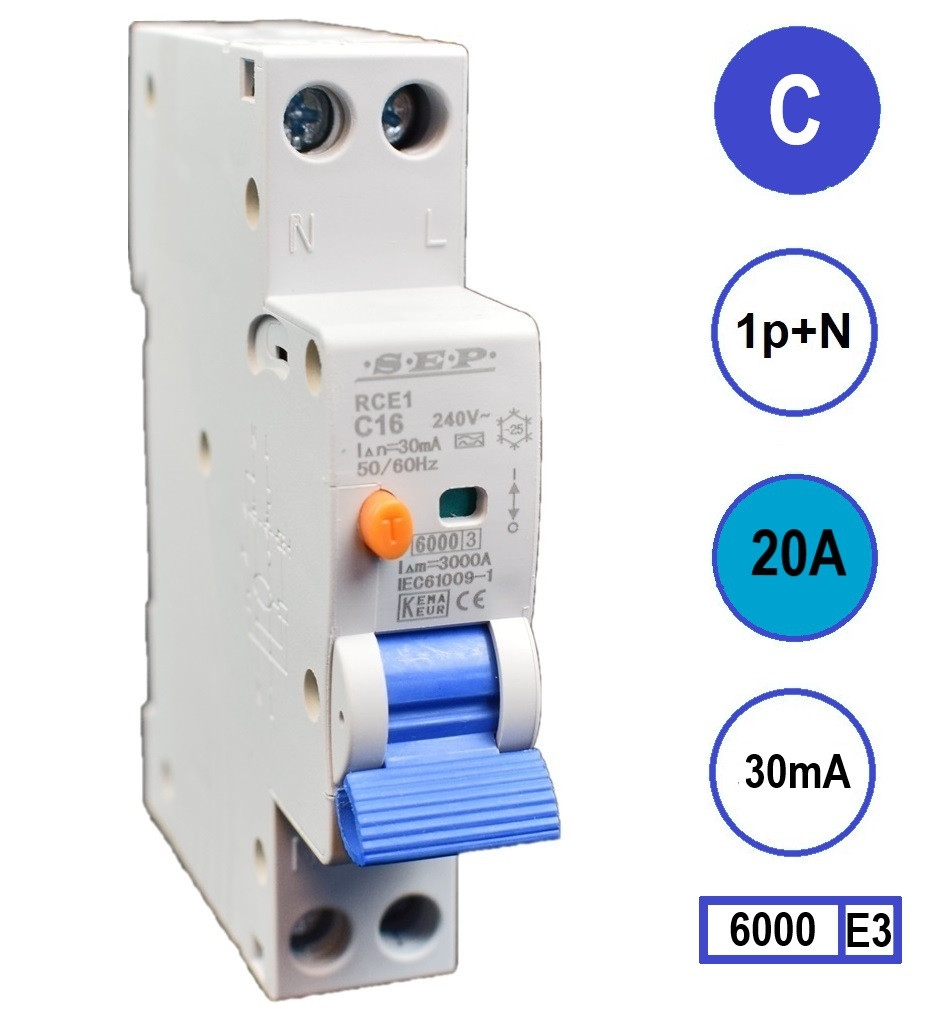 SEP aardlekautomaat 1-polig+nul 20A C-karakteristiek 30mA RCE1-1NC20