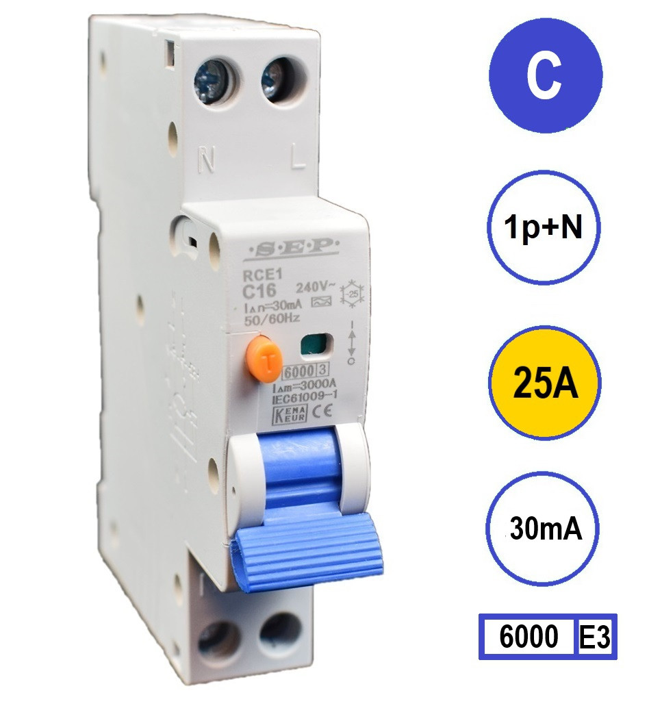 SEP aardlekautomaat 1-polig+nul 25A C-karakteristiek 30mA RCE1-1NC25