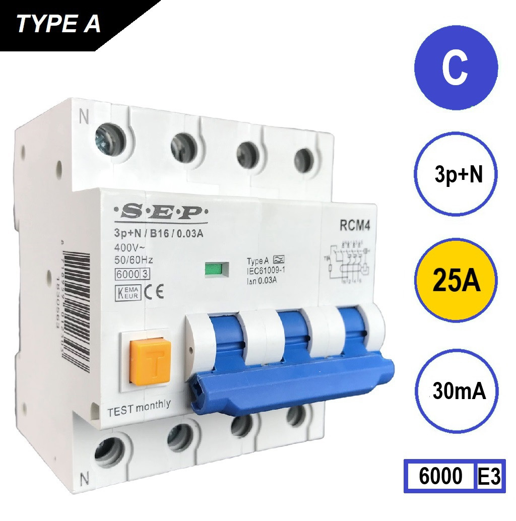 SEP aardlekautomaat 3-polig+nul 25A C-karakteristiek 30mA RCM4-C25.03