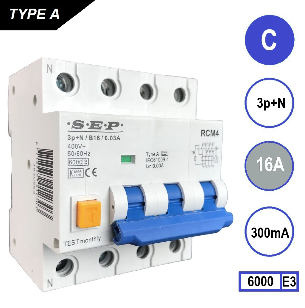 SEP aardlekautomaat 3-polig+nul 16A C-karakteristiek 300mA RCM4-C16.30