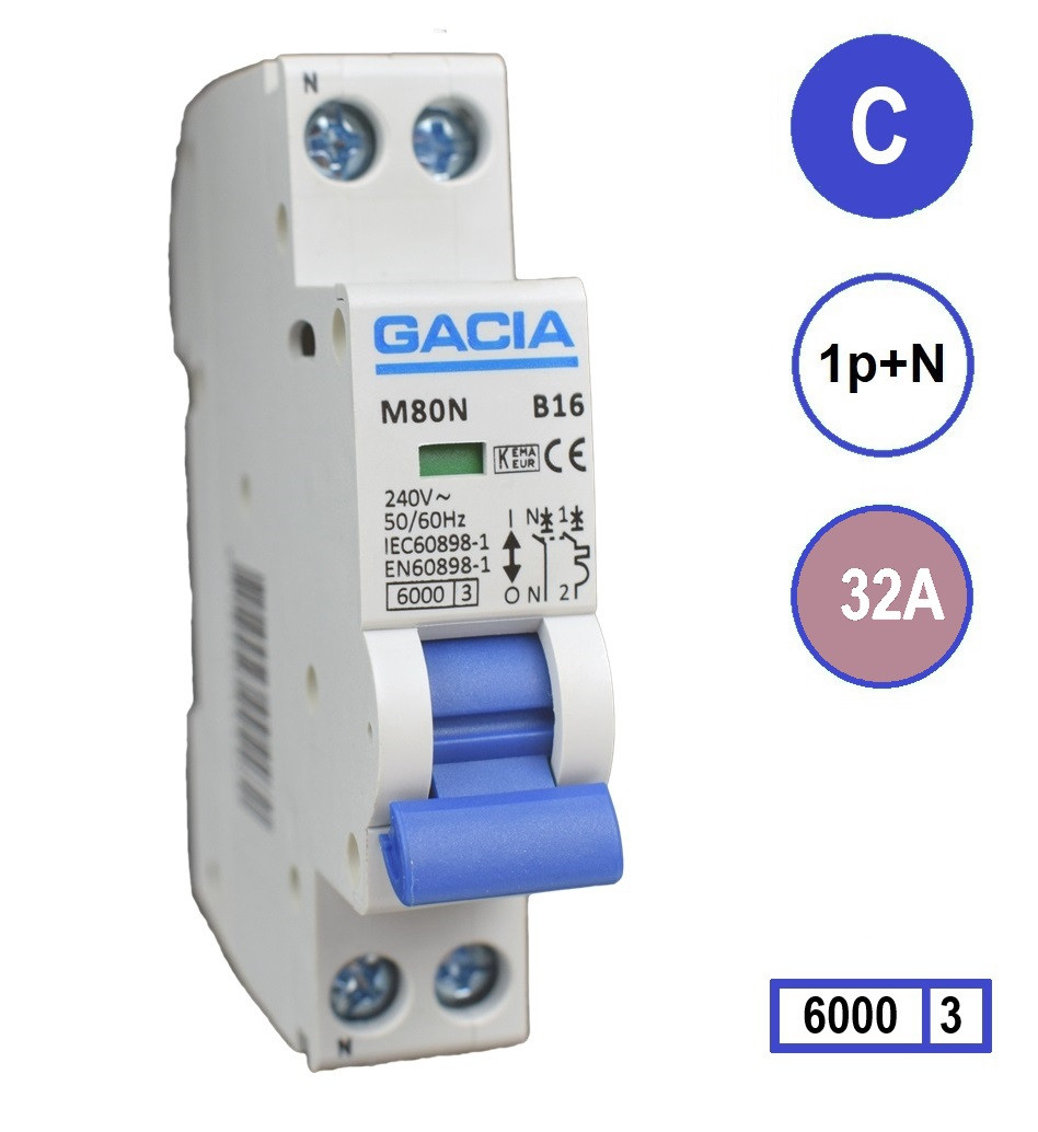 Gacia installatieautomaat 1-polig + nul 32A C-karakteristiek M80N-C32