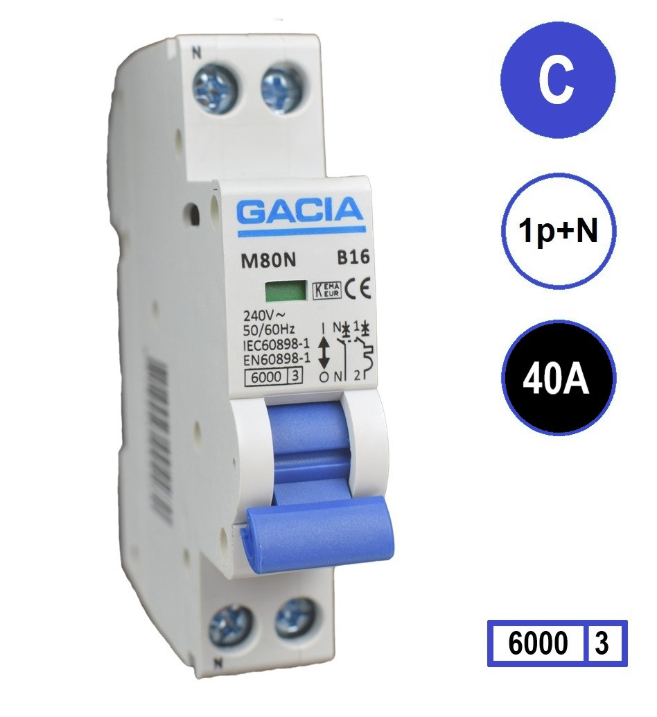 Gacia installatieautomaat 1-polig + nul 40A C-karakteristiek M80N-C40