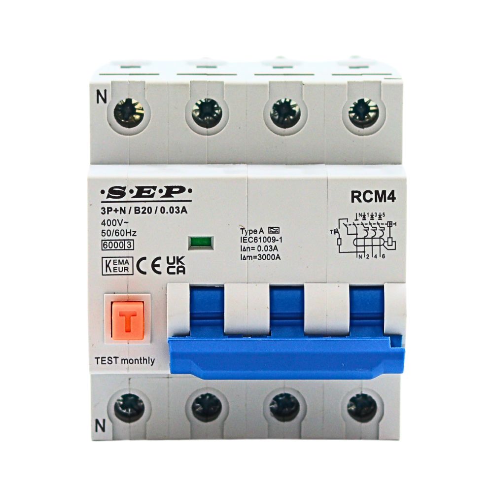 SEP aardlekautomaat 3-polig+nul 20A B-karakteristiek 30mA RCM4-B20.03