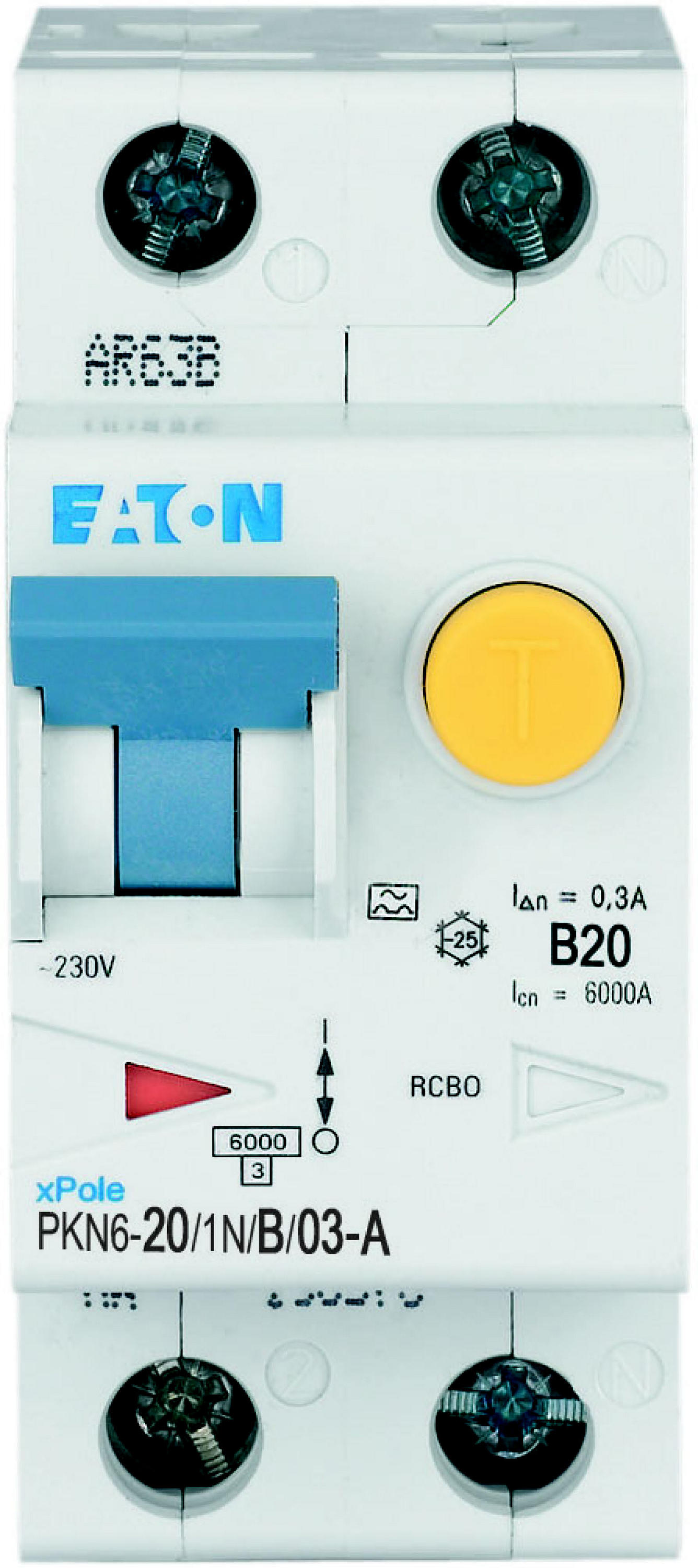 Eaton aardlekautomaat 1-polig+nul 20A B-karakteristiek 300mA PKN6-20/1N/B/03-A-MW